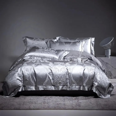 Luxury Satin Silver Baroque Woven Jacquard Cotton 1000TC Duvet Cover Bedding Set